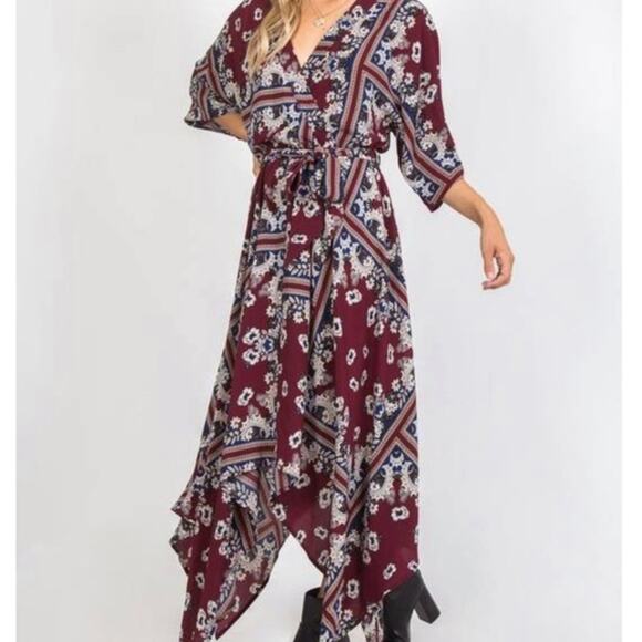 LULU'S Women's L Boho Babe Floral Handkerchief Hem Maxi Dress Belted Burgundy - Picture 1 of 14